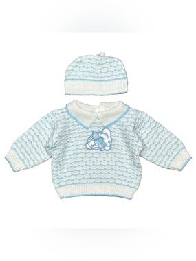 VINTAGE 90s Rashti & Rashti Baby White Light Blue Knit Sweater Hat Set 0-6M